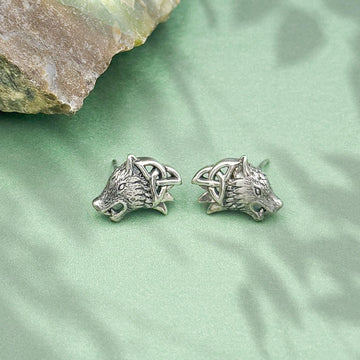 Wolves with Celtic Silver Post Earrings TER1789 - Jewelry